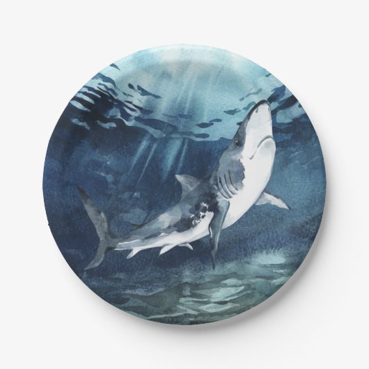 水彩の青い灰色と白いサメの海  ペーパープレート (正面)