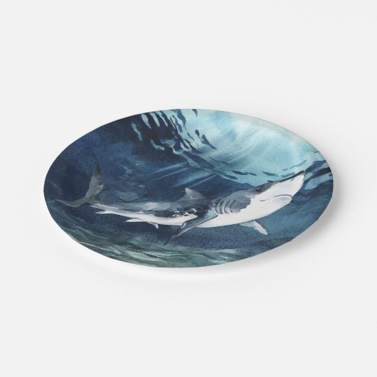 水彩の青い灰色と白いサメの海  ペーパープレート (アングル)
