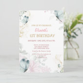 水彩の青い蝶々とピンクのストライプの誕生日 招待状 (スタンド正面)