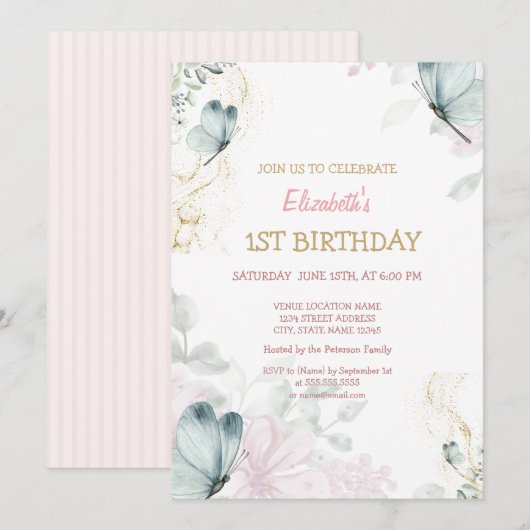 水彩の青い蝶々とピンクのストライプの誕生日 招待状 (正面/裏面)