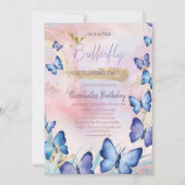 水彩の青い蝶の虹の誕生日 招待状 (正面)