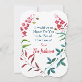 水彩の青と赤の花の植物 招待状 (裏面)