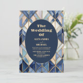 水彩の青と金のアールデコ様式のウェディング 招待状 (スタンド正面)