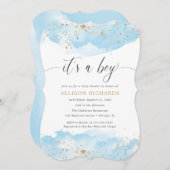 水彩の青と金ゴールドのシャワー 招待状 (正面/裏面)