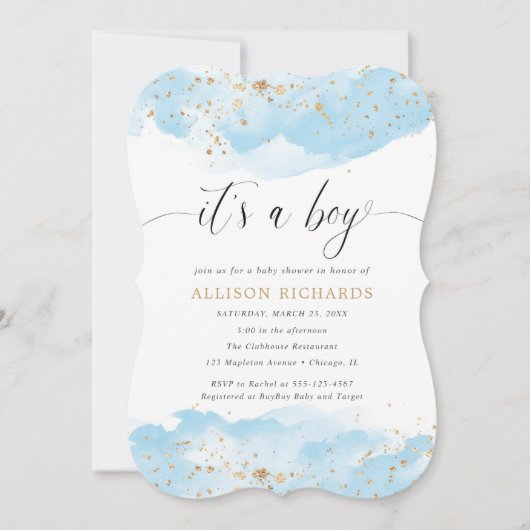 水彩の青と金ゴールドのシャワー 招待状 (正面)