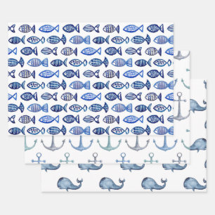 水彩の青のパ航海のターン。魚、鯨 ラッピングペーパーシート