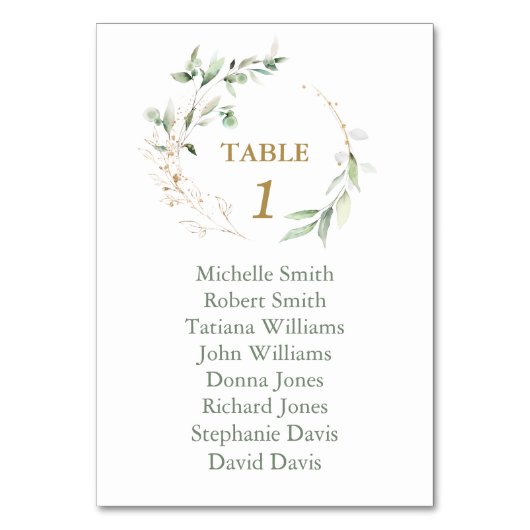 水彩の風通しの結婚緑のシーティングチャート テーブルナンバー (正面)