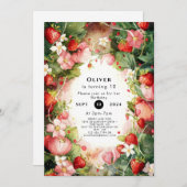 水彩の魔法に満ちたシンプルな苺の誕生日 招待状 (正面/裏面)