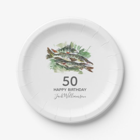 水彩の魚のデザイン 50歳の誕生日パーティー | フィッシング ペーパープレート (正面)