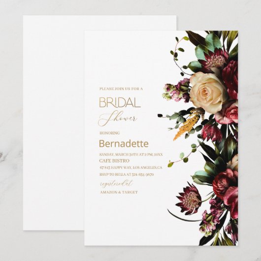 水彩の鮮やかなタペストリーの花　ゴールドの招待状 招待状 (正面/裏面)