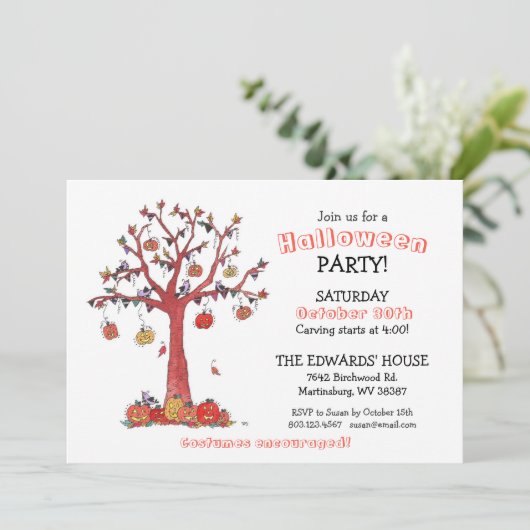 水彩の鳥とカボチャの木のパーティーハロウィーン 招待状 (スタンド正面)