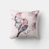 水彩の鳥とピンクの花模様 クッション (正面)