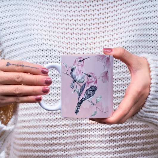 水彩の鳥とピンクの花模様 コーヒーマグカップ