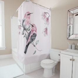 水彩の鳥とピンクの花模様 シャワーカーテン