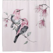 水彩の鳥とピンクの花模様 シャワーカーテン (正面)