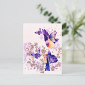 水彩の鳥と花の紫のグリッター シーズンポストカード (スタンド正面)