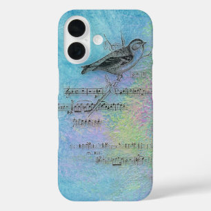 水彩の鳥と音楽デザイン iPhone 16ケース
