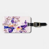 水彩の鳥 花の紫のグリッター ラゲッジタグ (正面横)