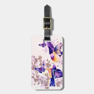 水彩の鳥 花の紫のグリッター ラゲッジタグ