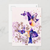 水彩の鳥 花の紫のラメ シーズンポストカード (正面/裏面)