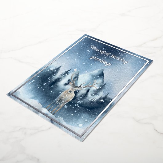 水彩の鹿と雪のカスタムクリスマス 箔シーズンカード (回転した状態)