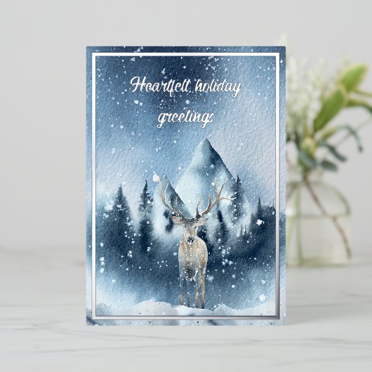 水彩の鹿と雪のカスタムクリスマス 箔シーズンカード (立ち正面)