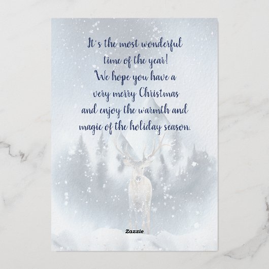 水彩の鹿と雪のカスタムクリスマス 箔シーズンカード (裏面)