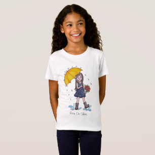 水彩の黄色い傘を持つ少女 Tシャツ