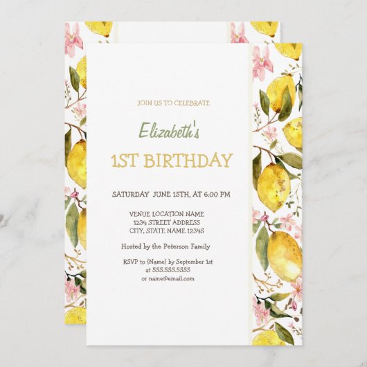 水彩の黄色のレモンが咲き誇る誕生日 招待状 (正面/裏面)