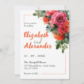 水彩はっきりしたピンクとオレンジのフローラ結婚ズ 招待状 (正面)