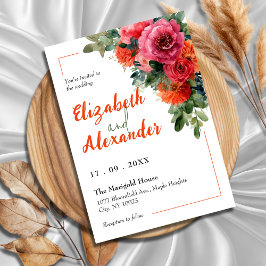 水彩はっきりしたピンクとオレンジのフローラ結婚ズ 招待状