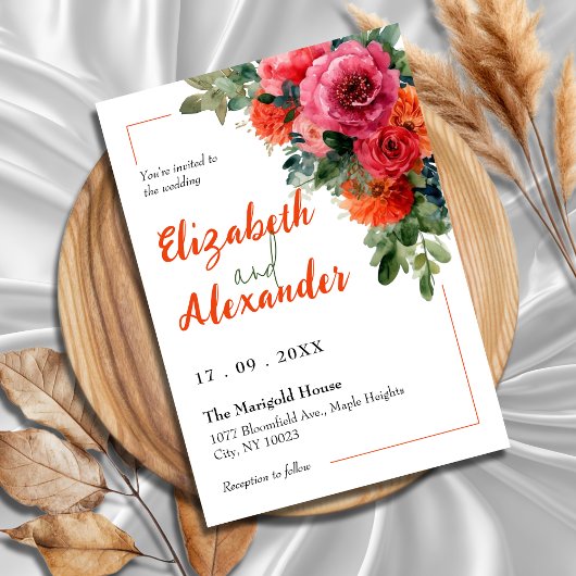 水彩はっきりしたピンクとオレンジのフローラ結婚ズ 招待状