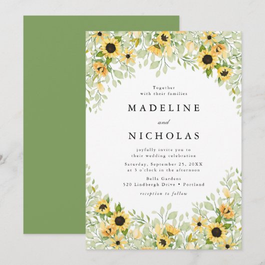 水彩ひまわりとグリーンのウェディング 招待状 (正面/裏面)