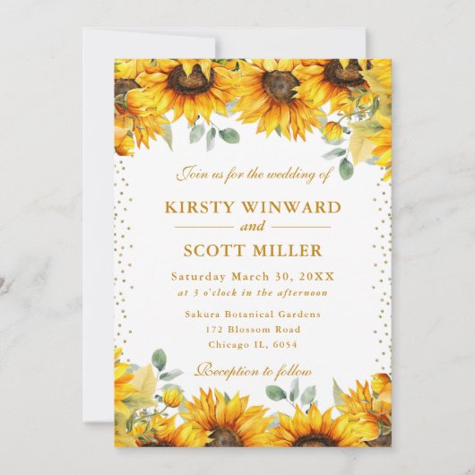 水彩ひまわりとゴールドグリッターのウェディング 招待状 (正面)