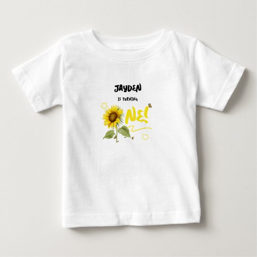 水彩ひまわりと蝶の1歳誕生日 ベビーTシャツ (正面)