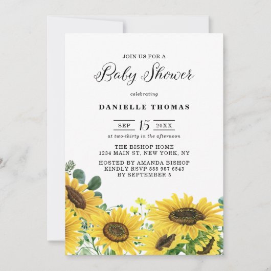 水彩ひまわりの花とユーカリ赤ちゃんシャワー 招待状 (正面)