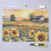 水彩ひまわりの花と日の出のフィールド 薄葉紙 (クラフト)