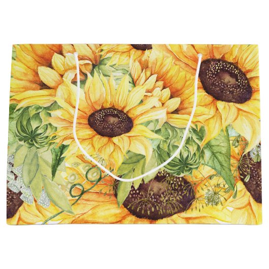 水彩ひまわりの花と緑の大きな抱き枕 ラージペーパーバッグ (正面)