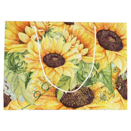 水彩ひまわりの花と緑の大きな抱き枕 ラージペーパーバッグ (裏面)