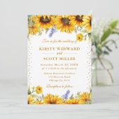 水彩ひまわりの花と金ゴールド結婚グリッター 招待状 (スタンド正面)