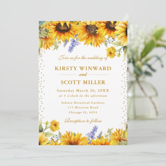 水彩ひまわりの花と金ゴールド結婚グリッター 招待状 (スタンド正面)