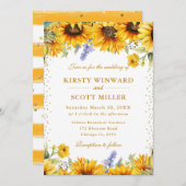 水彩ひまわりの花と金ゴールド結婚グリッター 招待状 (正面/裏面)