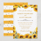 水彩ひまわりの花と金ゴールド結婚グリッター 招待状 (正面/裏面)