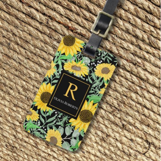 水彩ひまわりの花オンブラックモノグラム ラゲッジタグ
