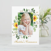 水彩ひまわりグリーン写真の聖体拝領 招待状 (スタンド正面)