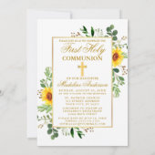 水彩ひまわりグリーン写真の聖体拝領 招待状 (裏面)