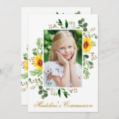 水彩ひまわりグリーン写真の聖体拝領 招待状 (正面/裏面)