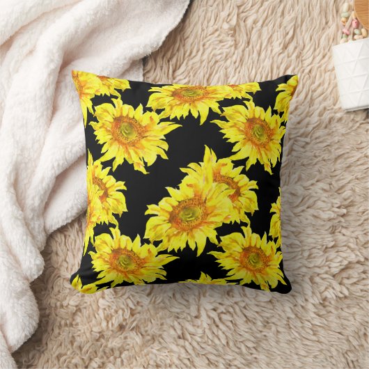 水彩ひまわりシームレスブラックパターン クッション (ブランケット)
