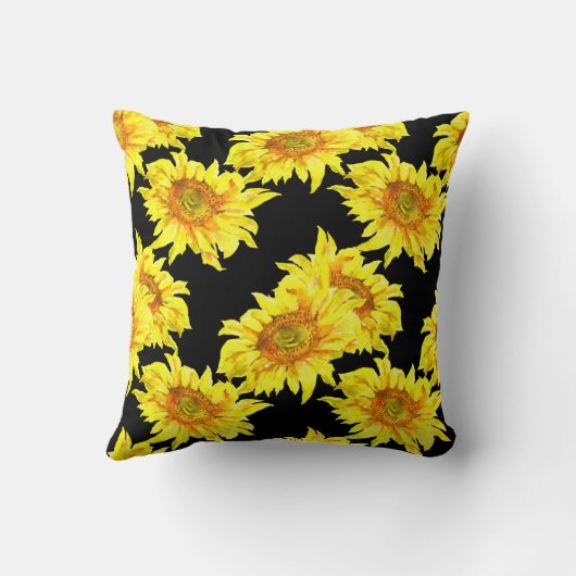 水彩ひまわりシームレスブラックパターン クッション (裏面)