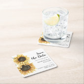 水彩ひまわりスクリプト結婚式 Save the Date スクエアペーパーコースター (インサイチュ)
